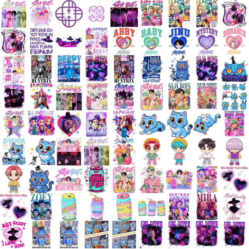 Puede incluir: Una colecci&oacute;n de pegatinas coloridas con varios dise&ntilde;os, incluyendo personajes de dibujos animados, texto e ilustraciones gr&aacute;ficas. Las pegatinas muestran una variedad de temas, como m&uacute;sica, anime y cultura pop. La paleta de colores incluye azules, rosas y morados.