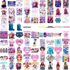May include: A collection of colorful K-pop-themed stickers and graphics. Designs include stylized portraits, text, and illustrations of characters and logos. The stickers feature various colors and styles, suitable for fans of K-pop.