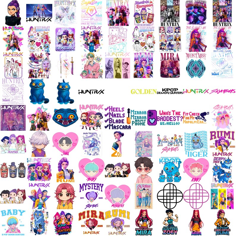 May include: A collection of colorful K-pop-themed stickers and graphics. Designs include stylized portraits, text, and illustrations of characters and logos. The stickers feature various colors and styles, suitable for fans of K-pop.