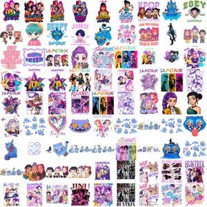 Puede incluir: Una colecci&oacute;n de dise&ntilde;os gr&aacute;ficos e ilustraciones coloridas, con varios personajes y elementos de texto. Los dise&ntilde;os incluyen las palabras "HUNTRIX", "DERPY", "JINU", "ZOEY" y "SAJA BOYS". Las im&aacute;genes son de varios estilos, incluyendo dibujos animados y anime.