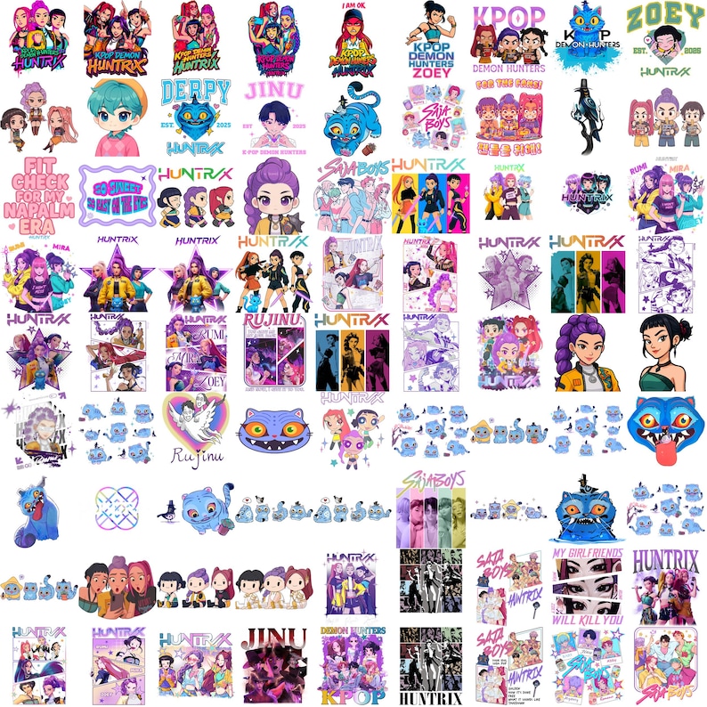 Puede incluir: Una colecci&oacute;n de dise&ntilde;os gr&aacute;ficos e ilustraciones coloridas, con varios personajes y elementos de texto. Los dise&ntilde;os incluyen las palabras "HUNTRIX", "DERPY", "JINU", "ZOEY" y "SAJA BOYS". Las im&aacute;genes son de varios estilos, incluyendo dibujos animados y anime.