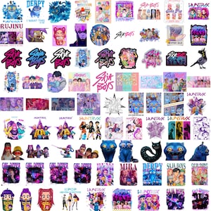 May include: A collection of colorful stickers featuring various designs, including anime-style characters, text, and illustrations. The stickers showcase a range of colors and styles, suitable for decorating personal items or for crafting projects.