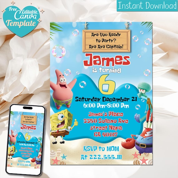 Editable Spongebob Birthday Invitation | Template Printable Party invite | Digital Kids Invite | Sponge bob Celebrate | Instant Download