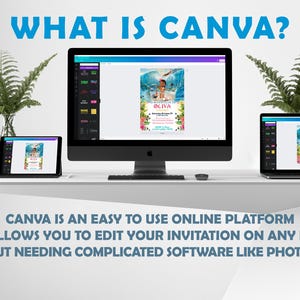 May include: A computer screen, laptop, and tablet display the Canva website, showing an invitation design. The text on the screen reads "WHAT IS CANVA?" and "CANVA IS AN EASY TO USE ONLINE PLATFORM THAT ALLOWS YOU TO EDIT YOUR INVITATION ON ANY DEVICE. WITHOUT NEEDING COMPLICATED SOFTWARE LIKE PHOTOSHOP!"