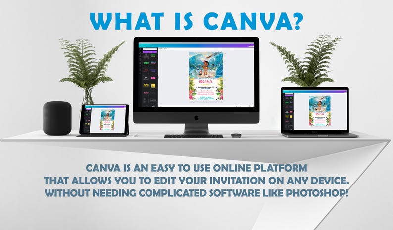 May include: A computer screen, laptop, and tablet display the Canva website, showing an invitation design. The text on the screen reads "WHAT IS CANVA?" and "CANVA IS AN EASY TO USE ONLINE PLATFORM THAT ALLOWS YOU TO EDIT YOUR INVITATION ON ANY DEVICE. WITHOUT NEEDING COMPLICATED SOFTWARE LIKE PHOTOSHOP!"