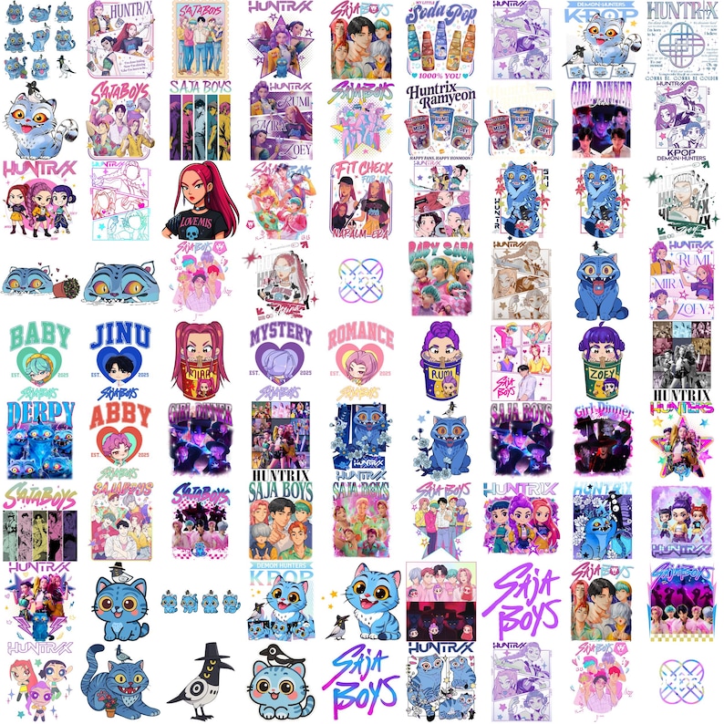 May include: A collection of colorful stickers and graphics featuring various designs and text. The images include cartoon characters, text such as "SAJA BOYS", "HUNTRY", and "KPOP", and other illustrations. The stickers are in various shapes and sizes, with a mix of vibrant colors.