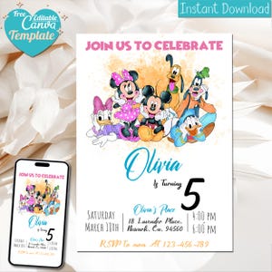 May include: A printable invitation for a 5th birthday party featuring Mickey Mouse and his friends. The invitation is decorated with a watercolour-style background and has a blue and white colour scheme. The text on the invitation reads "Join us to celebrate Olivia is turning 5".