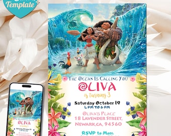 Editable Moana Birthday Invitation | Kids Theme Party Invitation Template | Digital Hawaiian Moana Birthday Invite | Instant Download
