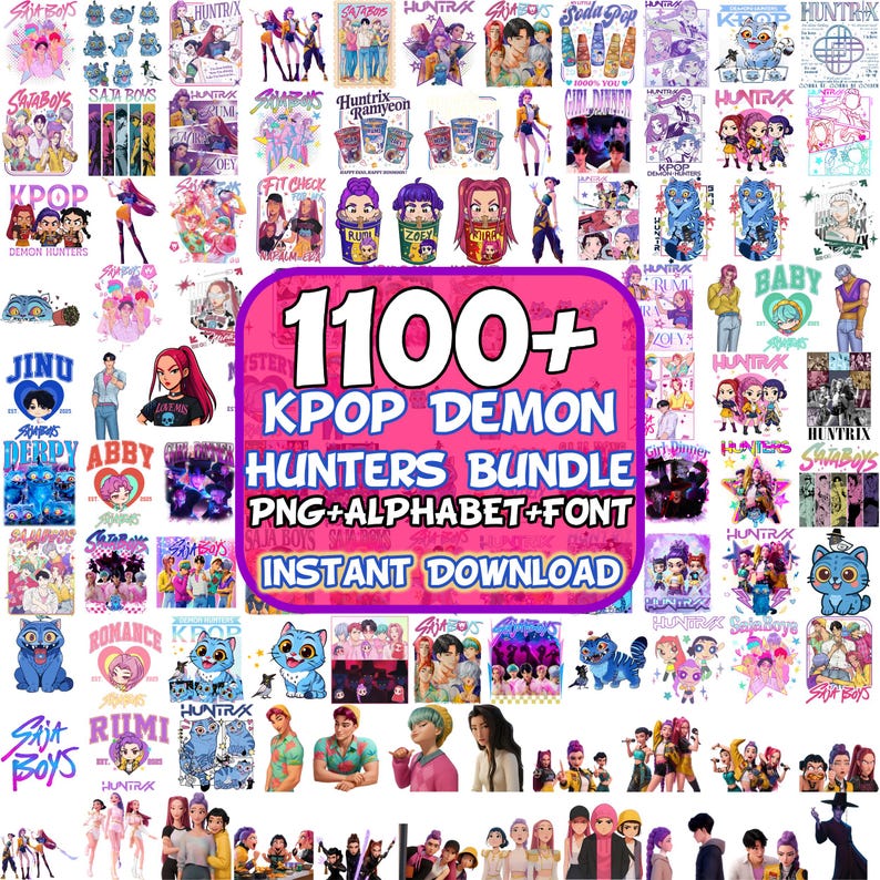 Puede incluir: Una colecci&oacute;n de gr&aacute;ficos digitales con tem&aacute;tica K-pop, que incluye ilustraciones de personajes, logotipos y texto. La imagen central presenta una gran pancarta rosa con el texto "1100+ KPOP DEMON HUNTERS BUNDLE PNG+ALPHABET+FONT INSTANT DOWNLOAD."