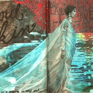 May include: A woman in a white dress stands in front of a blue and green water background. The text "Soul Skins" is written in black on a brown background. The text "There is a cutting in my art" is written in black on a white background.