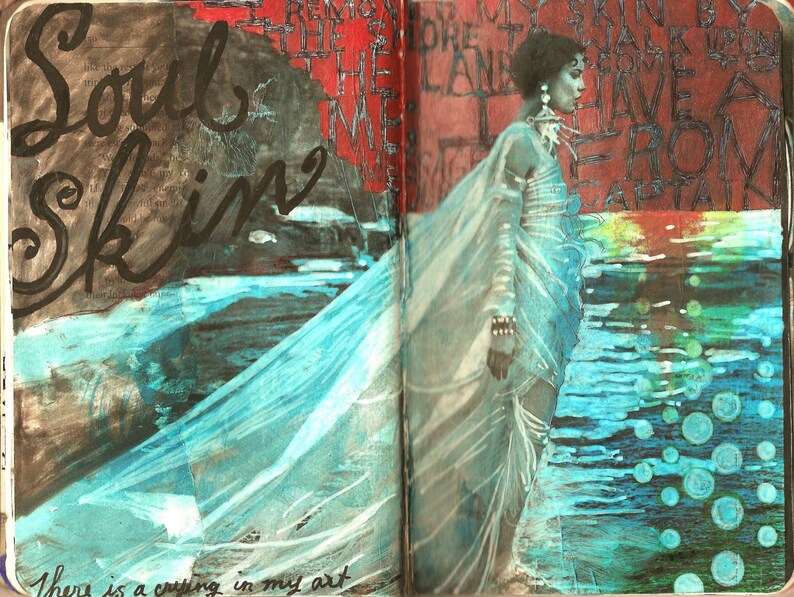 May include: A woman in a white dress stands in front of a blue and green water background. The text "Soul Skins" is written in black on a brown background. The text "There is a cutting in my art" is written in black on a white background.
