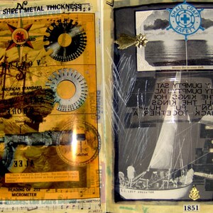 May include: A vintage scrapbook page with a yellow and brown illustration of a metal thickness gauge and a black and white photo of a sailboat. The page also includes text about measuring sheet metal thickness and a small craft safety logo.