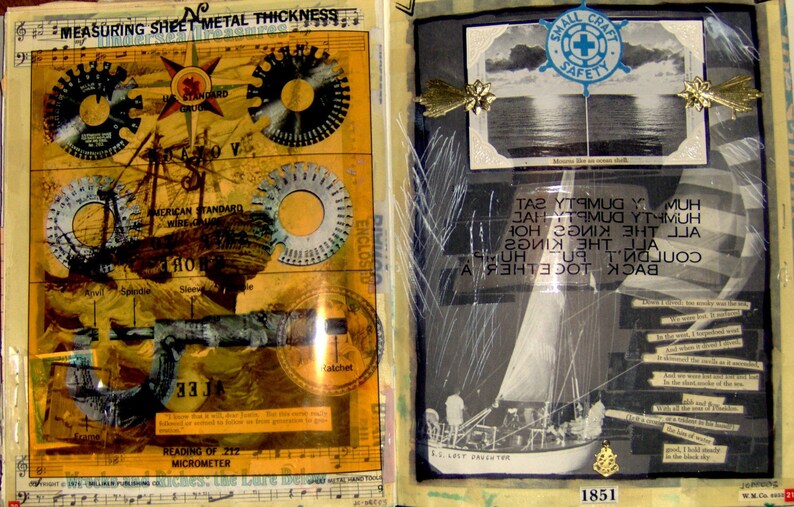 May include: A vintage scrapbook page with a yellow and brown illustration of a metal thickness gauge and a black and white photo of a sailboat. The page also includes text about measuring sheet metal thickness and a small craft safety logo.