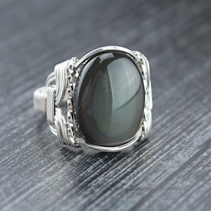 Sterling Silver Rainbow Obsidian Cabochon Wire Wrapped Ring - Choose your stone