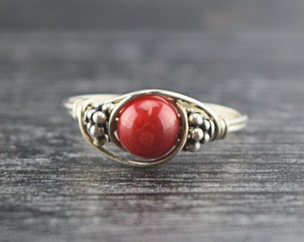 Sterling Silver Red Coral and Bali Bead Ring