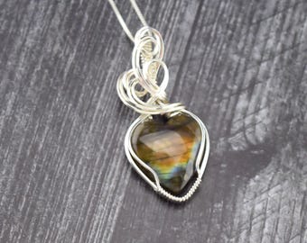 Sterling Silver Labradorite Heart Wire Wrapped Pendant