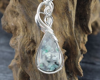 Sterling Silver Wire Wrapped Indonesian Chrysocolla with Native Copper Pendant