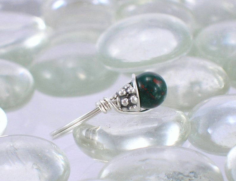 Heliotrope Bloodstone Sterling Silver Bali Bead Ring Any Size image 2