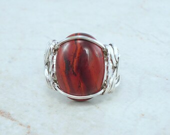 Sterling Silver Red Snakeskin Jasper Wire Wrapped Ring