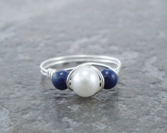 Sterling Silver White Cultured Pearl and Lapis Lazuli Bead Ring