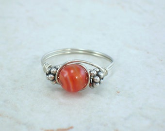 Sterling Silver Red Sardonyx and Bali Bead Ring