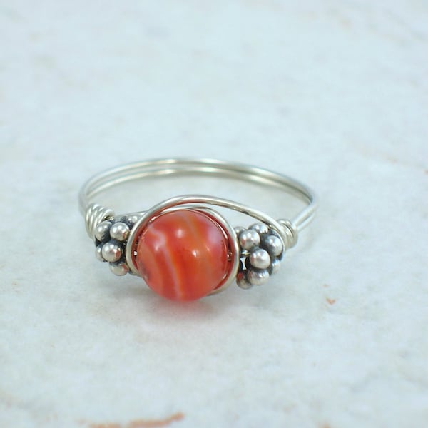 Sterling Silver Red Sardonyx and Bali Bead Ring