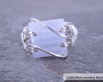 Blue Lace Agate Sterling Silver Wire Ring