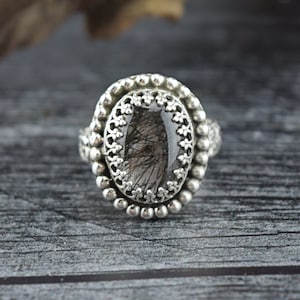 Handcrafted Sterling Silver Tourmalined Quartz Ring - Size 6 3/4