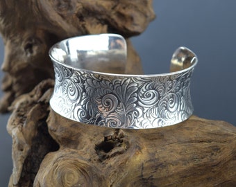 Handcrafted Sterling Silver Tooled Leather Pattern Cuff Bracelet