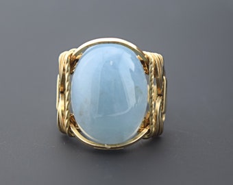 14 k Gold Filled Aquamarine Cabochon Wire Wrapped Ring