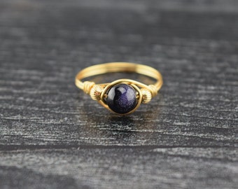 14 k Gold Filled Blue Goldstone Wire Wrapped Bead Ring