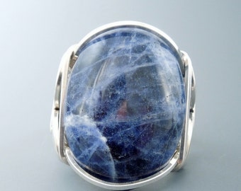 Handcrafted Sterling Silver Large Sodalite Cabochon Wire Wrapped Ring