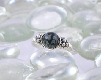 Snowflake Obsidian Sterling Silver Bali Bead Ring - Any Size
