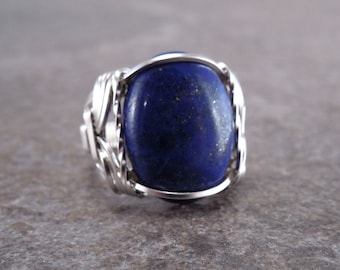 Sterling Silver Lapis Lazuli Cabochon Wire Wrapped Ring