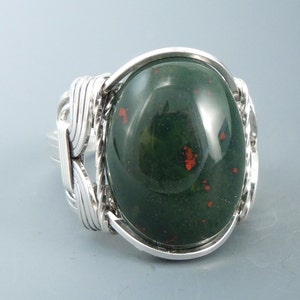 Sterling Silver Heliotrope Bloodstone Wire Wrapped Ring