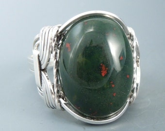 Sterling Silver Heliotrope Bloodstone Wire Wrapped Ring