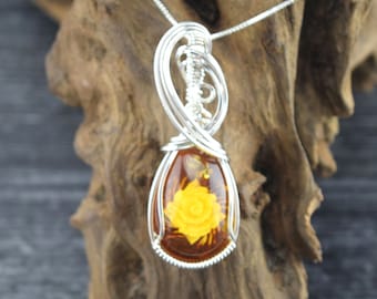 Sterling Silver Wire Wrapped Amber Cameo Pendant