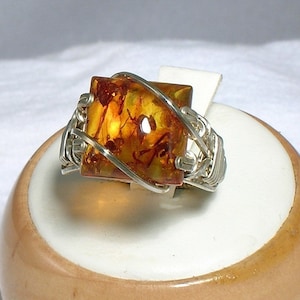 Sterling Silver Baltic Amber Square Cabochon Ring