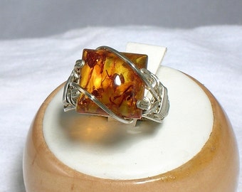 Sterling Silver Baltic Amber Square Cabochon Ring