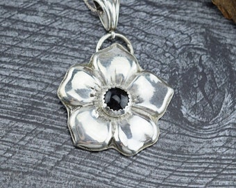 Art Nouveau Sterling Silver Violet with Black Onyx Pendant