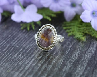 Handcrafted Sterling Silver Faceted Auralite 23 or Cacoxenite Amethyst  - Size 7