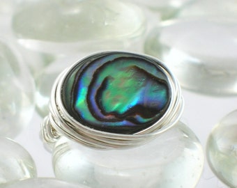 Paua Shell Sterling Silver Wire Wrapped Ring - Any Size