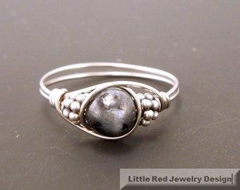 Sterling Silver Larvikite and Bali Bead Ring