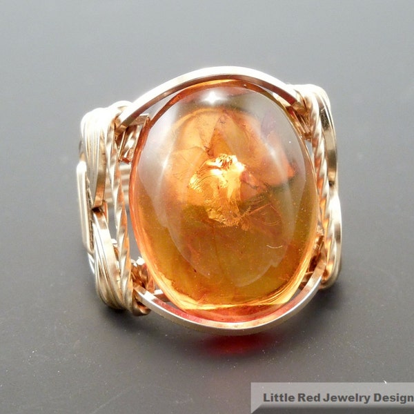 14 k Gold Filled Baltic Amber Cabochon Wire Wrapped Ring
