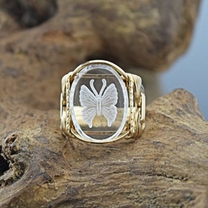 14 k Gold Filled Etched Butterfly Glass Cameo Cabochon Wire Wrapped Ring