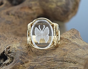 14 k Gold Filled Etched Butterfly Glass Cameo Cabochon Wire Wrapped Ring