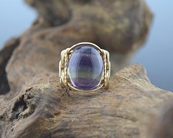 14 k Gold Filled Rainbow Fluorite Cabochon Wire Wrapped Ring