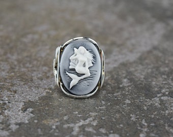 Large Sterling Silver Mermaid Cameo Wire Wrapped Ring