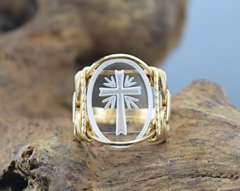 14 k Gold Filled Etched Cross Glass Cameo Cabochon Wire Wrapped Ring