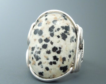 Handcrafted Sterling Silver Large Dalmatian Jasper Cabochon Wire Wrapped Ring